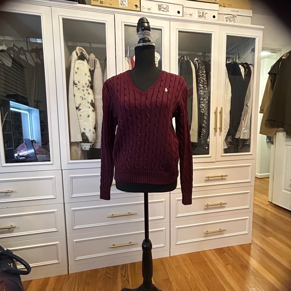 Polo by Ralph Lauren Women's Burgundy Cable V-Neck Sweater